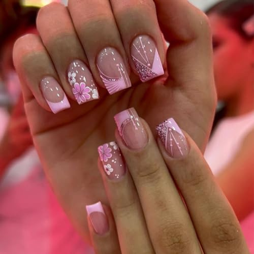 24 Stück French Press on Nails Kurz- Square Rosa Blumen Künstliche Nägel - Natürlich Eckig Falsche Nägel - Full Cover Kunstnägel Glänzend Acryl Fingernägel Zum Aufkleben für Frauen & Mädchen Nail Art