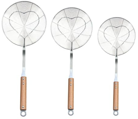 PNJB Stainless Steel Spider Strainer with Ergonomic Wooden Handle, Heart-Shaped Mesh Design, Durable Kitchen Utensils for Frying, Skimming, Comfortable Grip, and Efficient Filtration,20cm