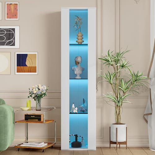 Merax Vitrine 40x29x170cm, Multifunktionale Glasvitrine mit LED-Farbwechsellicht, Fernbedienung/App-Steuerung, Acrylplatte, 4 Ausstellungsflächen, Modernes Design, Einfach zu montieren, Weiß