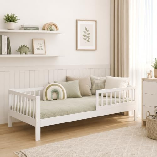 CADANI NIK Kinderbett 90x200 cm Weiß Abnehmbarer Rausfallschutz bis 200 kg | 3 Aufbauvarianten Premium Roll-Lattenrost bis 200 kg flexibel als Juniorbett oder gemütliches Schlaf- und Spielsofa nutzbar