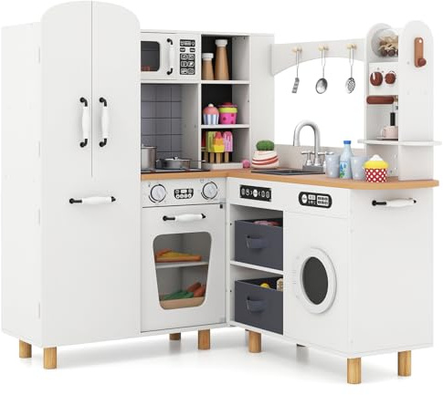 INFANS Kids Corner Kitchen Playset, Wooden Play Kitchen with Washing Machine, Coffee Maker, Toy Grinder, Gift for Boys Girls