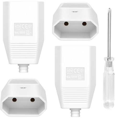 AXFEE 4 Piezas Acoplamiento Europeo Plano, 250V 2.5A, Blanco | con destornillador, goma clavija enchufe hembra fácil instalación,adecuado para cables de 0,75 mm²,uso interior y exterior
