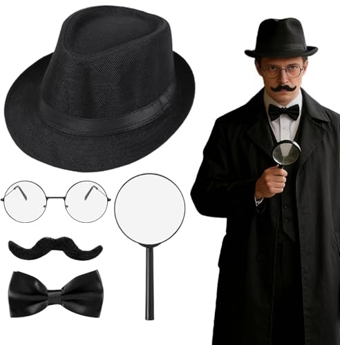GYIOFAI Juego de 5 accesorios para disfraz de detective para adultos, kit de disfraz de detective con sombrero, bigote falso, pajarita, marco negro, lupa, para Halloween, cosplay, carnaval, día del