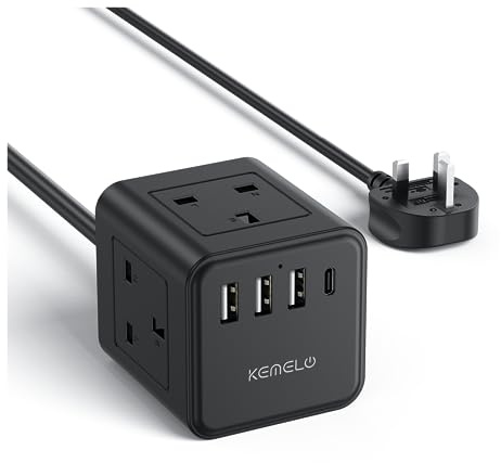 Cube Extension Lead with 4 USB Slots, Kemelo 4 Way (13A/3250W) Multi Plug Extension Cable with Child Safety UK Desktop Power Extension Socket,1.5M Extension Cords for Home Dorm Office Travel,Black