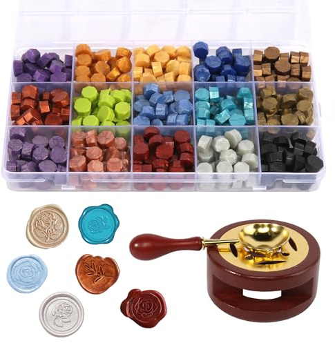 VUTYNKO Kit de Cire à Cacheter, 15 Couleurs 375 PCS Perles Sceau avec Outil de Chauffe, Four à Cacheter et Cuillère Kit de Tampon de Cire pour Enveloppes Mariage DIY Décoration Cadeau