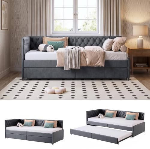 Ausziehbares Schlafsofa 90x200 cm, Tagesbett Ausziehbar Polster Schlafcouch Ausziehbett mit Lattenrost Multifunktionsbett Funktionsbett Daybed für Wohnzimmer Schlafzimmer, ohne Matratze (Grau)