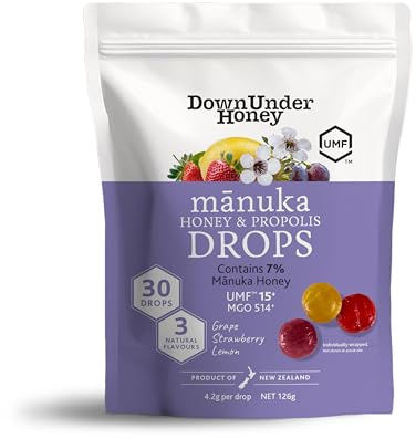 DownUnder Honey Manuka UMF 15+ Honey Drops 30 pack - Variety pack of Strawberry, Grape and Lemon flavours