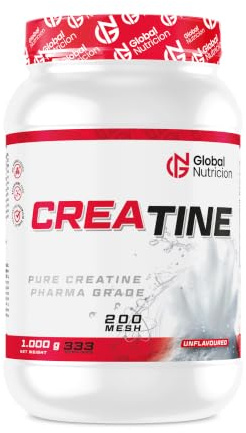 Creatina Monohidrato 1kg – 200 Mesh Alta Pureza – 100 Servicios – Sin Sabor – Polvo Micronizado – Fabricado en España – Globalnutricion