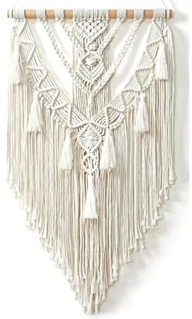 Makramee Wandbehang, Boho Deko Chic Treibholz Wandteppich (Creme) | Gewebte Wanddeko, Baumwolle Handgefertigt Makramee Wandteppich mit Quasten, für Wanddeko, Balkon Dekoration
