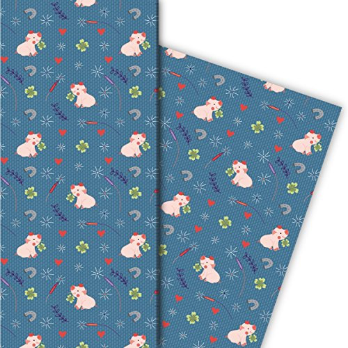 Glücks Geschenkpapier Set (4 Bogen), Dekorpapier, Papier zum Einpacken mit Schweinchen Raketen und Kleeblatt, blau, für tolle Geschenk Verpackung und Überraschungen 32 x 48cm