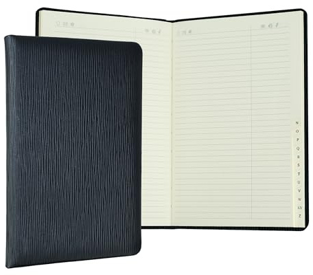 DELMON VARONE - Personalisierbares Adressbuch DIN A5 gebunden mit A-Z Register in Pagila Leder schwarz - Telefonbuch mit leicht wattiertem Hardcover Einband und alphabetischem Telefonregister