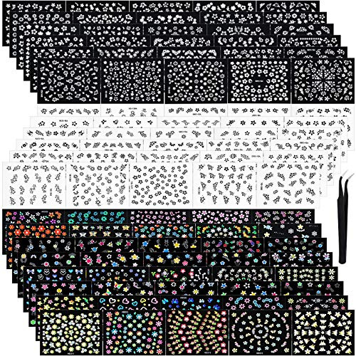 Blulu 5000 Pcs Flower Nail Stickers 100 Sheets 3D Self Adhesive Nail Stickers Multi Design Decals Multicolor Flower Manicure Decals with Tweezer(Classic-Chic Floral Series)