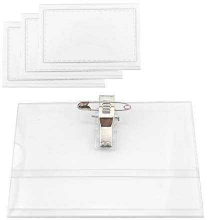 D.RECT Lot de 50 badges nominatifs – 9 cm x 5,8 cm (l x H) – Étiquettes nominatives horizontales – Transparentes et étanches avec clip – Porte-badge avec pince pour l'école, l'université