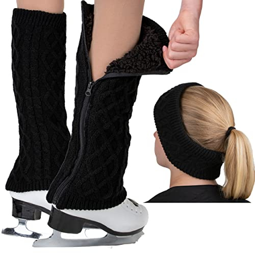 CRS Cross Leg Warmers and Headband Set for Figure Skating with Zipper. Fleece Lined Knit Keeps Legs Warm-Ice Skate Dance (1, Black-Long)