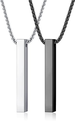 KALVICA 2 Piezas Collar Barra para Hombre Mujer Plata/Negro Acero Inoxidable Colgante Barra con Cadena de Caja 22 Pulgadas