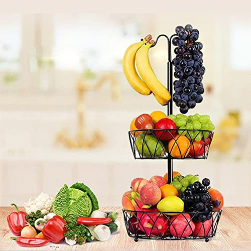 ZHDOKA Corbeille à fruits à 2 niveaux, bol à fruits en métal noir avec cintre à banane, panier à pain, support à fruits, plateau à fruits pour pain, oignons, pommes de terre