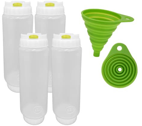 FIFO Quetschflasche nachfüllbar (4 Stück) gelber Spender für die meisten Gewürze, glatte Saucen, Ketchup, Senf, BBQ und Dressing mit flexiblem Trichter