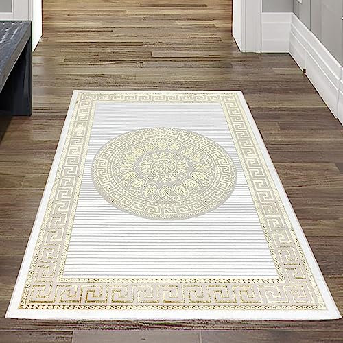 Teppich-Traum Teppich Wohnzimmer Kurzflor Flur Diele Läufer kurz orientalisch elegant Ornamente Glanzeffekt Mäander Creme Gold 60 x 110 cm