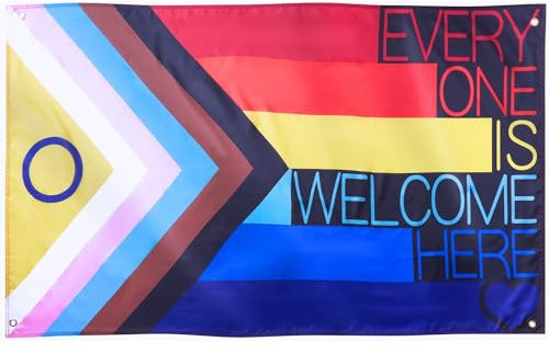 Runesol Bandera Everyone Is Welcome, 91 x 152 cm, 3 pies x 5 pies, 4 ojales, ojales en cada esquina, bandera del orgullo, bandera LGBT, bandera del orgullo gay, bandera de sexualidad, interior