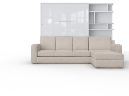 MAXIMAHOUSE Schrankbett vertikal Invento LED 160V (160x200) mit Ecksofa und Regal (Weiß/Weiß Glanz + beiges Sofa + Regal) Bett im Schrank
