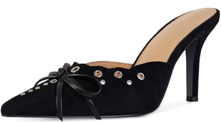 DOEYG Studded Heeled Mules for Women Suede Vintage Stiletto Heels Pointy Slip on Bow Tie Pumps Shoes Backless Mid Heels Dress Party Slide Heeled Sandals for Women