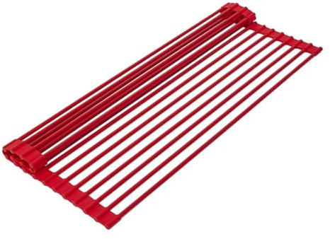PZiXuaner Escurridor de platos enrollable sobre el fregadero. Escurridor de cocina plegable, barra de acero inoxidable totalmente cubierta de silicona, resistente al calor, estante antideslizante para