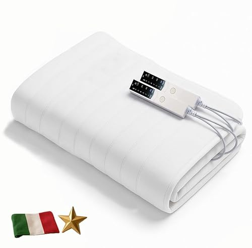 Coprimaterasso Elettrico Scaldaletto 150x150 Bianco Made in Italy, Lavabile, Anallergico, 6 Temperature, 4 Timer, Lato Comando Personalizzabile