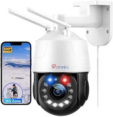 Ctronics 5MP 30X Zoom Optique Métal Caméra Surveillance WiFi Extérieure 5/2.4Ghz, PTZ IP Caméra 150M Vision de Nuit Couleur, Auto Cruise & Zoom,Alarme sonore et Lumineuse, IP66 (Blanc)