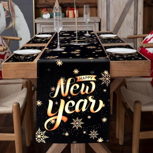 DPKOW Silvester Deko 2026, 5 teiliges Silvester Tischläufer Tischset, Waschbare Stoff 2026 Happy New Year Tischläufer Tischset Silvester Tischdeko, Silvester Partytischdecken Neujahrspartyzubehör 2026