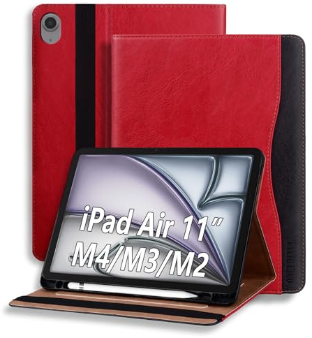 ONETHEFUL Coque pour iPad Air 6 M2 2024/iPad Air 5 2022/iPad Air 4 2020 Housse Premium en Cuir PU Tablette, Compatible iPad Air 6/5/4 Génération avec Porte-Stylo Veille/Réveil Auto Rouge