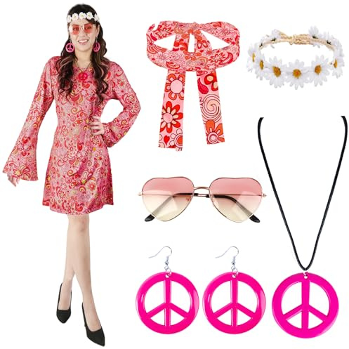 Hippie D9 6PCS Hippie Kostüm Damen, 60er 70er Jahre Outfit Damen, Hippie Stirnband+Haarband+Brille+Halskette+Ohrringe, Disco Outfit Hippie Accessoires Damen, Damen Kleid für Karneval Party
