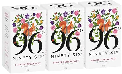 96° English Breakfast Tea – Pack of 3 × 20 Pyramid Tea Bags (60 Bags), Full-Bodied, Bright & Invigorating Black Tea, Individually Wrapped Recyclable Envelopes, Plant-Based Tea Bags - No Microplastics