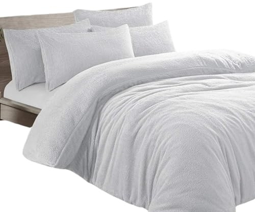 Dolce Vari Teddy Bear Fleece Bedding Set Soft Warm & Cosy Luxury Duvet Cover Set with Pillowcases Quilt Cover Sets Reversible Duvet Sets (White, Double Duvet Set)