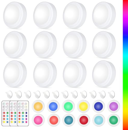 Yiliaw LED Puck-Lichter mit Fernbedienung,AA-Batteriebetriebene Lichter,12 Farben Schrankbeleuchtung,Unterbauleuchten,Drucklichter,Unterschrankbeleuchtung für die Küche,12er-Pack,Weiß-magnetische