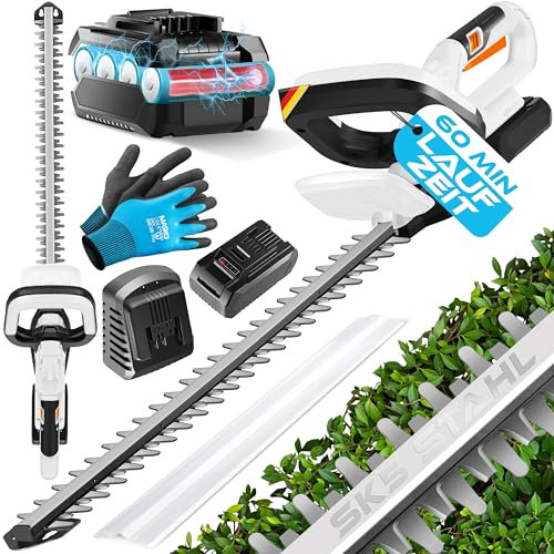 MASKO® Tagliasiepi professionale per siepi e cespugli, con lunghezza di taglio di 57 cm, guanti, custodia, batteria da 21 V/2,0 Ah, caricatore, distanza di 27 mm, doppia lama, manico regolabile