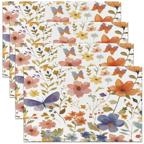 Butterfly Placemats Set of 4,45x30 cm Flower Place Mat for Kids Boys Girls,Wild Flower Table Mats,Garden Plants Indoor Outdoor Home Party Decor