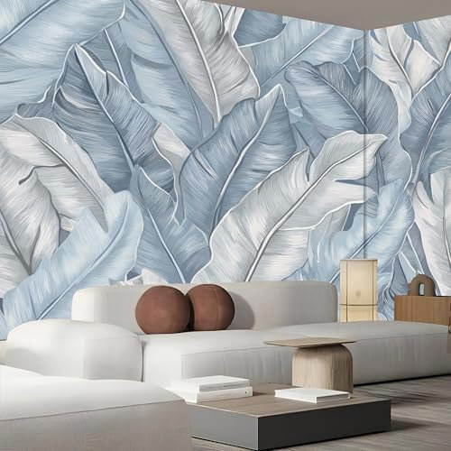 MIATCENRT Papier Peint Panoramique 3D, Tropical, Matériel de Soie, 308x220cm (L×H) Tapisserie Panoramique, Pour Salon Chambre Décoration Murale Gris-Bleu Feuille De Bananier Personnalisé Murale,