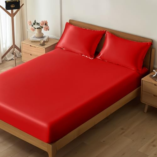 VACVELT 3-Piece Satin Fitted Sheet Set Queen Size, Red Bottom Bed Sheet with 2 Pillowcases, Similar to Silk Sheets, Luxury & Silky Bedding Set, 15 Inch Deep Pocket