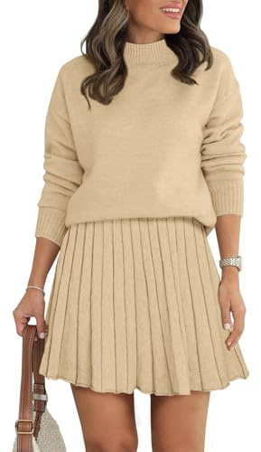 COCCKO 2 Piece Skirt Sets for Women Spring Fashion 2026 Flowy Pleated Mini Skirts and Turtleneck Long Sleeve Basic Sweaters