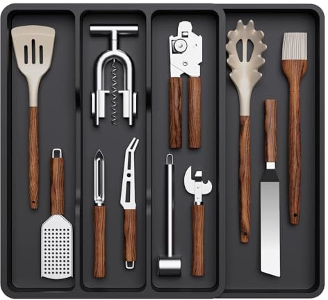 DUVERT Organizer per posate estensibile, organizer per cassetti regolabile, organizzatore da cucina in plastica, separatore cassetto per posate (30-43 x 40 x 4,5 cm)