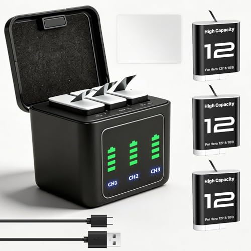 Battery Charger Kit Compatible with GoPro Hero 12 11 10 9 Black, 3-Pack 2580mAh Rechargeable Batteries+Triple Charge Case +Type-C Cable+Tempered Glass Screen Protector Replacement Camera Accessories