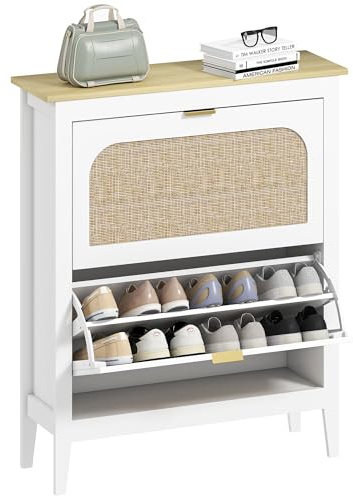 HOMCOM Schlanker Schuhschrank mit 2 Klapptüren im Boho-Stil aus Rattan, Eingangs-Schuhschrank mit 2 verstellbaren Einlegeböden, Schuhregal für 14 Paar Schuhe mit Griff, 80x24x95,5 cm, weiß