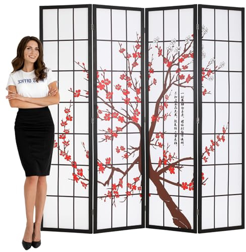 Japanese 4-Panel Screen Room Divider,6Ft Folding Privacy Divider,Chinese Room Dividers,Wooden Freestanding Partition Screen,White (Plum Blossom)