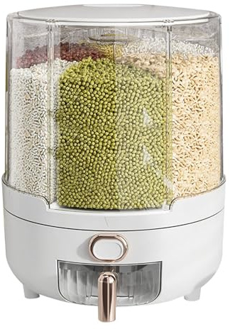 Dispensador de Alimentos Giratorio de 360°, Cubo Redondo Sellado, contenedor de Granos, dispensador de Alimentos Redondo de 6 Rejillas, recipientes Transparentes para almacenar arroz, Caja de cereale