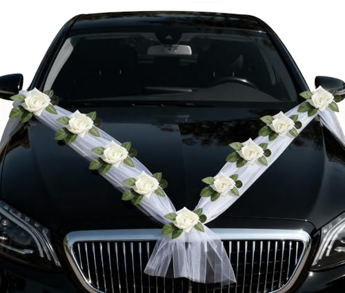JEKRWNOY Autoschmuck Hochzeit Weiß,Hochzeitsdeko Autoschmuck Blumenschmuck Auto Hochzeit,Car Wedding Girlande Auto Deko Hochzeit Schmuck Hochzeit mit 9 Rosen, Brautauto Dekoration Set Hochzeit