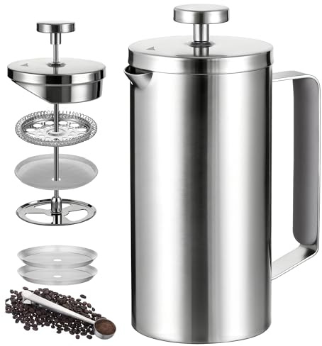 Meelio 600ml Small French Press Coffee Maker, Double Wall Stainless Steel Coffee Press Pot with Detachable Filter, Cool Touch Insulated Handle, Dishwasher Safe Portable Brewer for Home Camping Travel