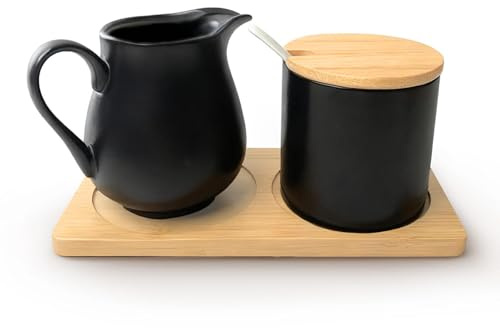Milch Und Zucker Set Mit Deckel Und Löffel, Milchkännchen Schwarz Keramik Und Zuckerdose, Keramik Milchkännchen Mit Holz Tablett, Keramik Sahnekännchen Milchbehälter Mikrowellen- Und Spülmaschinenfest