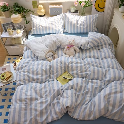 MOTNTD Blue Striped Full Size Duvet Cover Boho Soft Full Comforter Cover Reversible Farmhouse Cute College Duvet Cover Set with Hidden Zipper Dorm Bedding for Boys Washed Microfiber Duvet Protector