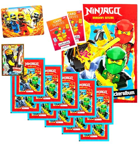 sefrado Bundle Exclusive Hüllen kompatibel mit Ninjago Sticker Album + 10 Sammel Tüten Dragons Rising + Bonus 3 D Karte und LE 18 Action Cole Blue Ocean