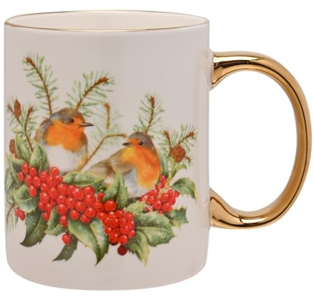 Widdop Fine China Two Robin Christmas Mug with Gold Handle – Festive Bird Cup with Holly & Berries – Seasonal Drinkware & Gift Idea